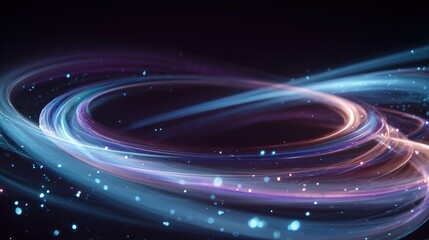 Abstract rendering of swirling, luminous light trails in shades of blue, purple, and gold, against a dark backdrop