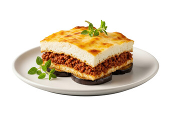 Meticulously plated classic greek moussaka slice with eggplant, spiced meat, golden béchamel layers, oregano garnish, off-white plate, transparent. Concept of gourmet greek cuisine