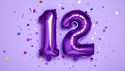 Purple balloon number 12 with confetti on solid colored background. Photo for anniversary or birthday party