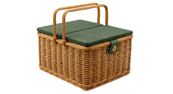 Wicker picnic basket with green cover shows texture, provides surface, perfect product shot, branding, lifestyle themes.