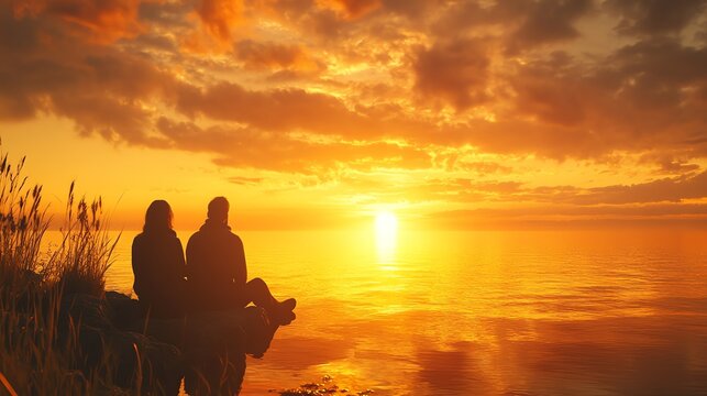 A serene sunset view with a couple silhouetted on a rock, gazing at the golden horizon over the tranquil water.
