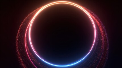 A vibrant neon double-ringed glow against black. The rings shift color, with a trail of particles