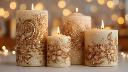 Four decorative candles featuring detailed gold floral and ornamental designs with burning flames are arranged against a blurred background with warm bokeh lights, creating a cozy and elegant...