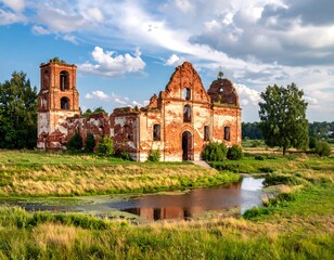 Ancient red brick church ruins in a field