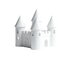 A pristine white castle miniature with conical towers and arched entry