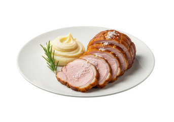 Roasted pork loin, uniformly sliced with a golden crust, tender, juicy, creamy mashed potatoes, rosemary, sea salt on a white plate, isolated on seamless transparent. Commercial food photography
