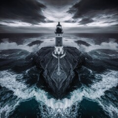 A drone frames a coastal cliff lighthouse with
crashing waves below under an overcast dramatic sky. 