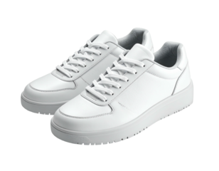 Pair of pristine white sneakers, laces tied, clean, on a dark backdrop