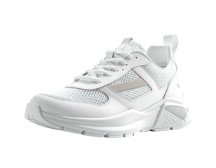 Modern white sneaker with mesh and geometric accents, side profile, on a black background