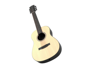 Acoustic guitar with six strings, wood body, tuning pegs, isolated on black