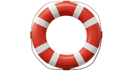 Red and white lifebuoy, rescue equipment with attached rope, isolated on black. Safety concept, product photography.