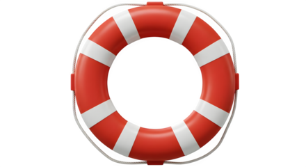 Red and white lifebuoy, rescue equipment with attached rope, isolated on black. Safety concept, product photography.