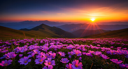 Obraz premium Vibrant sunset over a field of purple flowers in the mountains landscape