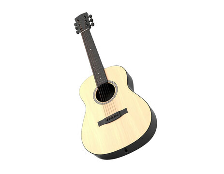 Acoustic guitar with six strings, wood body, tuning pegs, isolated on black