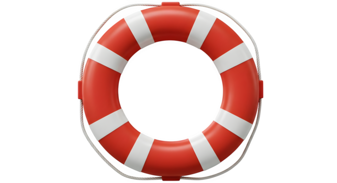 Red and white lifebuoy, rescue equipment with attached rope, isolated on black. Safety concept, product photography.