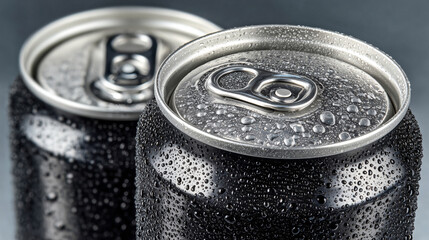 Chilled black cans glistening with condensation perfect for a refreshing drink on a hot day conveying coolness and invigoration with sleek design