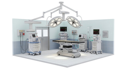 Modern operating room with surgical table and medical equipment isolated on transparent background
