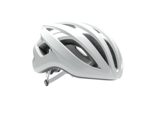 Sleek white bicycle helmet, side view on black background, with vents and straps