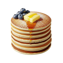 Golden-brown fluffy pancakes, melting butter, fresh blueberries, powdered sugar, studio, high-key lighting, 45-degree view, delicious breakfast concept