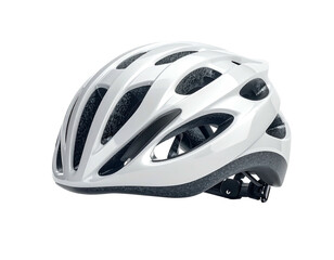 A white protective helmet with multiple vents. Close-up on black background