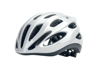 A white protective helmet with multiple vents. Close-up on black background