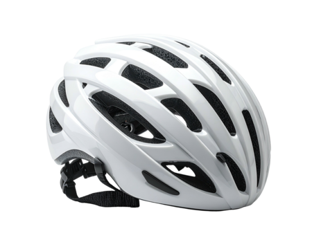 Glossy white cycling helmet, showing vents and adjustable straps, isolated on black