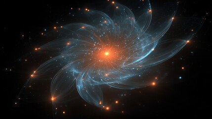 A digital art piece showing a swirling galaxy-like formation with bright, glowing orange/blue hues against black