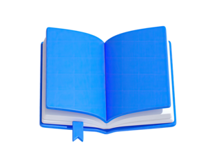 A 3D-rendered open book with blue pages and a bookmark against a black backdrop