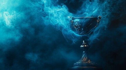 Dynamic composition with trophy tilted forward, swirling blue haze in motion, sharp highlights on metal surface against inky void