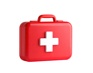 3D rendering of a red first aid kit with a white cross on a black background