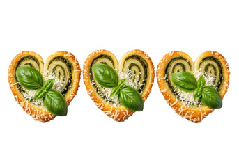 Three golden-brown savory palmiers with green pesto, parmesan, and basil leaves, on a transparent background with no shadows, professional food photography concept