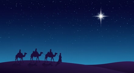 Wise Men Follow Star Christmas Journey Silhouette Against Night Sky.