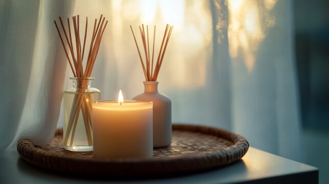 Horizontal close-up of two ivory pillar candles flickering beside a natural bamboo reed diffuser on a handcrafted wooden tray, soft moonlight filtering through gauzy curtains and casting gentle