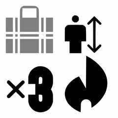 Modern icons representing travel luggage, person height measurement, quantity, and a growth chart symbol for business and data analysis