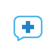 Fototapeta premium A blue speech bubble containing a medical cross symbol, representing healthcare communication.