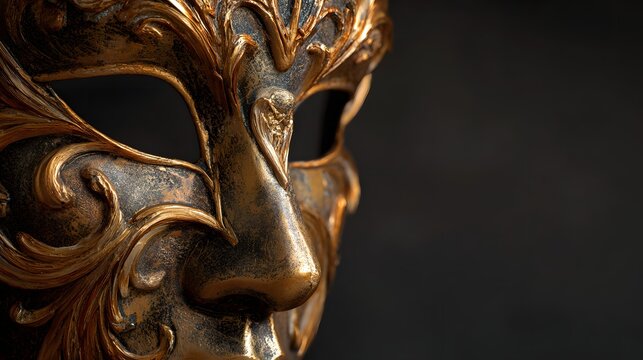 Decorative mask exhibits intricate golden filigree and textured details against a dark backdrop, creating a sophisticated and mysterious aesthetic; the ornate design suggests elegance and historical.