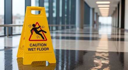 Wet Floor Caution Sign in Modern Building Hallway.