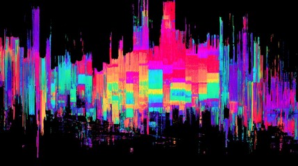 Abstract cityscape illustration created using digital techniques, displaying bright, vivid colors including pink, green, blue, and orange, against a stark black background, portraying a modern,...