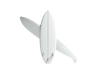 Two white surfboards, one angled over the other, against a stark black backdrop