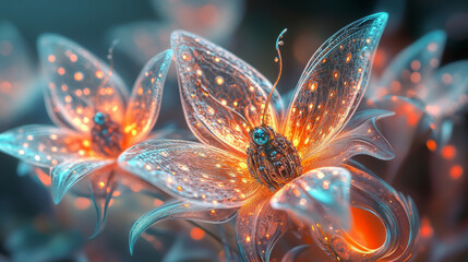 Vibrant Ethereal Blossoms With Luminous Cybernetic Insect