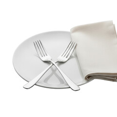 Silver forks crossed on a white ceramic plate, off-white linen napkin, on a transparent background, bright studio lighting, elegant dining product concept.