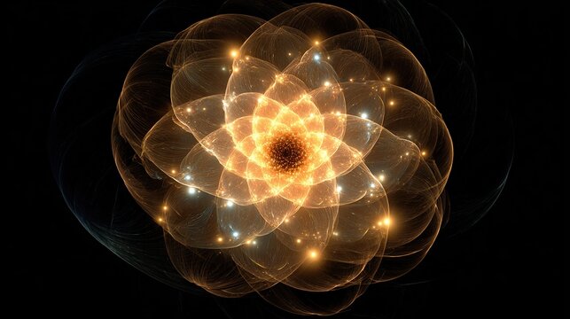 A glowing fractal flower with layers of translucent petals and sparkling dots against a black background - Powered by Adobe