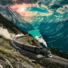 A train snakes through a mountain pass above
a turquoise valley, smoke or steam trailing gently.