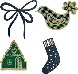 Vector watercolor illustration of Christmas textile ornaments: patchwork house, tartan bird, decorative bow, stocking