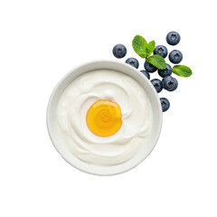 transparent ceramic bowl with creamy Greek yogurt, golden honey swirl, plump blueberries, and fresh mint on a minimalist gray background, professional healthy food concept