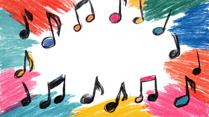 Naive crayon doodle musical notes in corners with clean white center, playful and charming kids’ design perfect for music-themed projects and invitations
