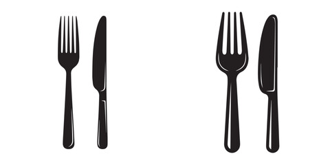 Black Silhouette Fork and Knife Cutlery Set on White Background