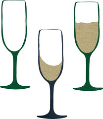 Vector watercolor illustration set of Christmas champagne glasses: sparkling wine, festive celebration