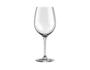 A crystal stemware wine glass, empty, stands against a black background