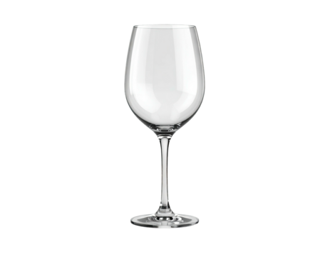 A crystal stemware wine glass, empty, stands against a black background